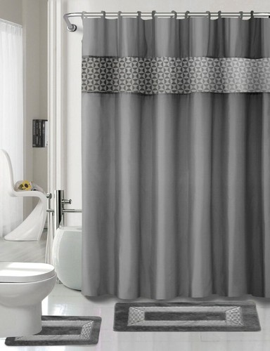 15PC PRINTED BATHROOM SHOWER CURTAIN FABRIC COVERED HOOKS OR CERAMIC ACCESSORIES - Picture 10 of 37
