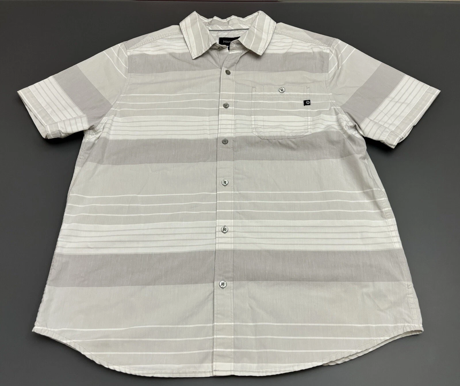 Marmot Mens Short Sleeve Shirt Size Large Striped Gray 60% Organic Cotton