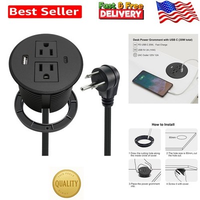 Stylish Black Power Grommet - 30W PD USB C & A Fast Charge, Perfect for Desks