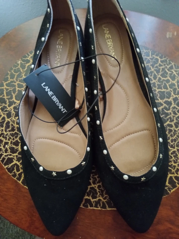 Lane Bryant ~ Stars and Pearls ~ Black Suede Flats ~ Size 10W ~ NEW - Image 2 of 4