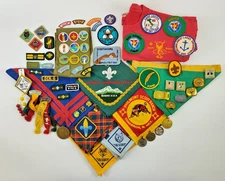 Vintage Scout Lot Boy Girl Cub Webelo Neckerchiefs Patches Pins Medals Slides