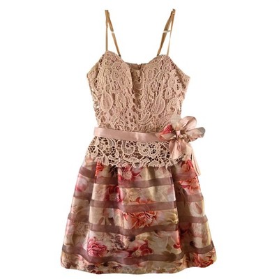 Rinascimento Made in Italy Pink Lace Floral Stripe Organza Dress Coquette XS/S