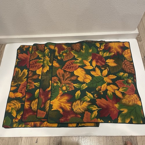 FALL Leaves Autumn Square Placemats Green Yellow Cotton Blend Set of 4 17"X17"