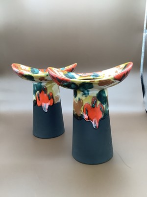 MCM Retro Art Pottery Lg Rim Vase Norleans Japan Multi-Colored 7  Tall Set Of 2