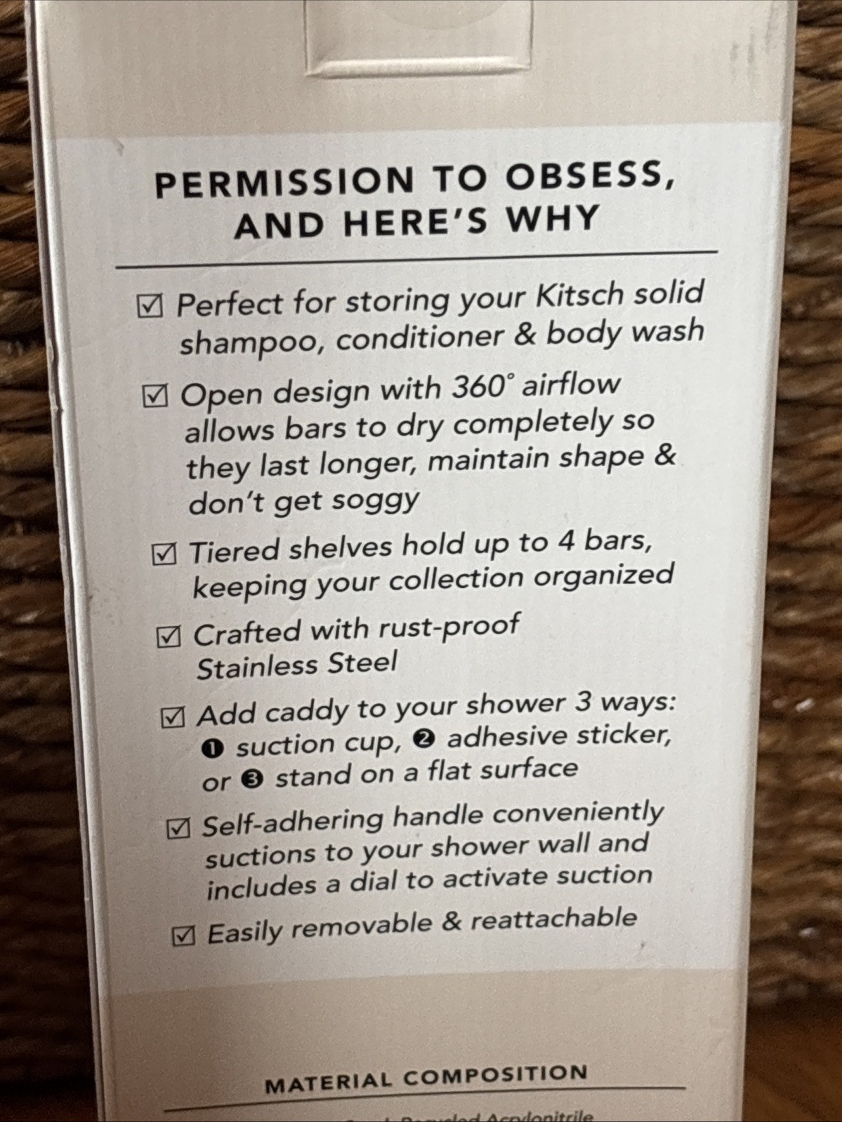 Kitsch Self Draining Shower Caddy w/ Suction Cup Rust Proof Bar Soap Holder New