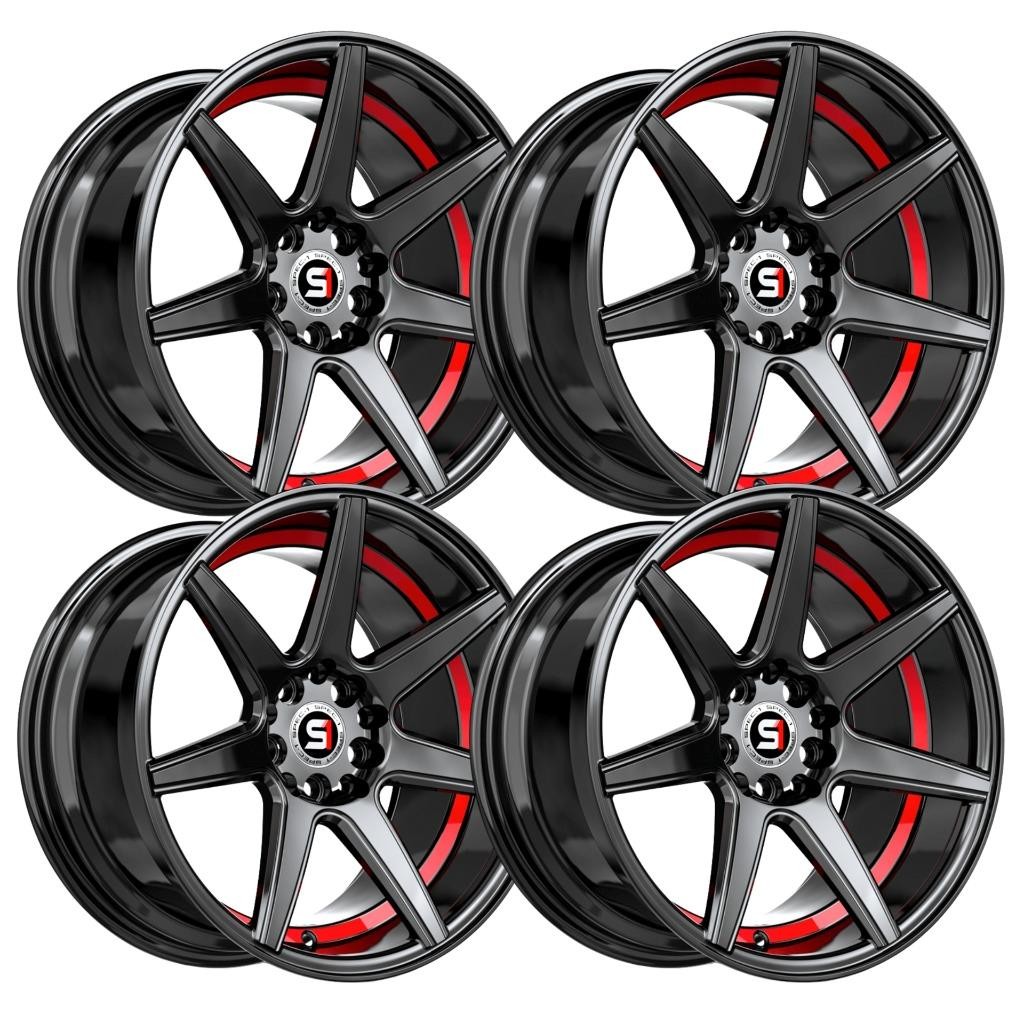 (Set-4) Spec-1 SP-73 18x8 4x100/4x114.3 38mm Black Red wheels rims 18 Inch