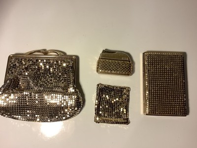 Vintage Gold Glomesh Lot, Purse, Lighter, Cigarette Case, Earring And  Holder