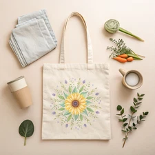 Sunflower Mandala Reusable Eco Tote Bag - Floral Nature Spiritual Market Gift 