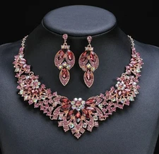 Necklace Earrings Set Rhinestones Purple & Gold Tone with Iridescent Crystals