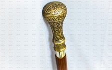 Antique Designer Brass Victorian Engraved Handle Wooden Style Walking Stick Cane