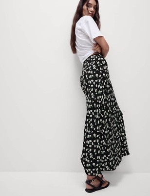 Marks & Spencer Damen Schwarz Mix Viskose Midaxi Slip Blumen Rock - M&S