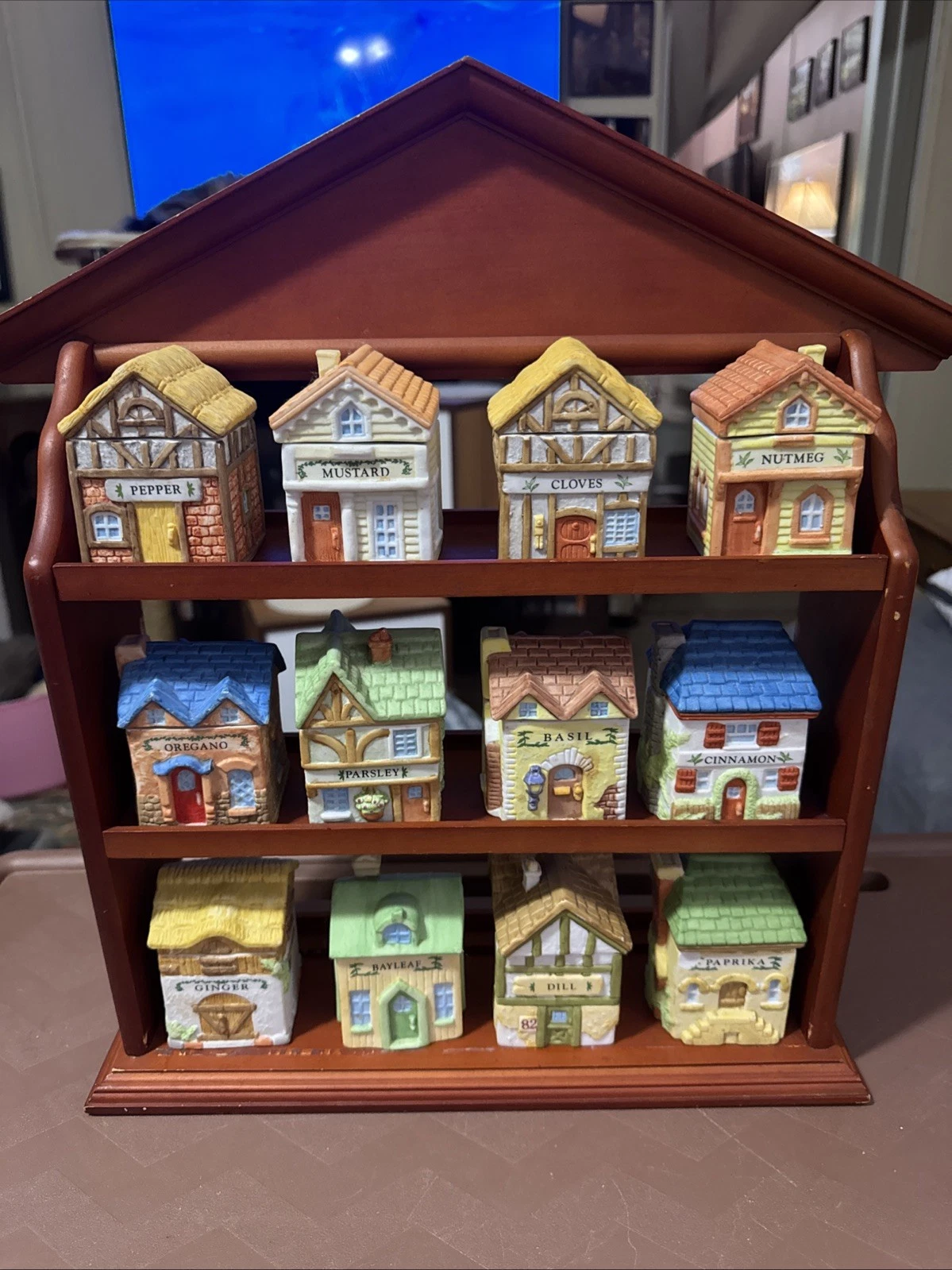 RSVP International 1994 Vintage House Ceramic Spice Jar Set 12 Jars Wooden Rack