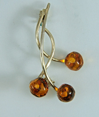 Brooch, Silver Brooch, Amber Brooch in Silver Gold Plated 925/ooo
