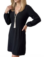 R&K Originals Sweater Dress V Neck Puff Long Sleeve Knee Length Black M