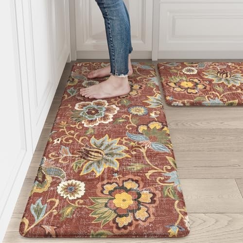Red Floral Anti-Fatigue Kitchen Mats Set 20x32 & 20x47 Non-Slip Comfort Rugs