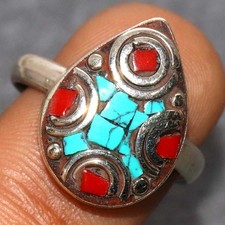 Nepali Tribal Nepali Tribal Tibetan Turquoise Red Coral Ring US 10 JW