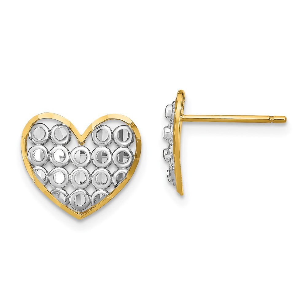 14k Yellow Gold with Rhodium Diamond-cut Heart Post Stud Earrings L-11.95 mm