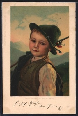 Künstler-AK Mizi Wunsch: Kleiner Junge mit Wanderstock in den Bergen 1901 