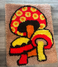 Vintage 70's Mushroom Latch Hook Rug Wall Art - Completed 26" x 20"