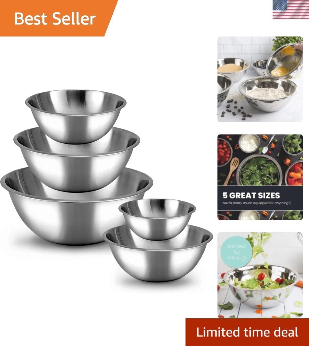 Classic Round Stainless Steel Mixing Bowl Set - 5 Nesting Bowls for Kitchen Use