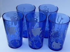 Cobalt Blue Angel Fish Tumblers Set of 5  Sportsmen Series Juice Glass White