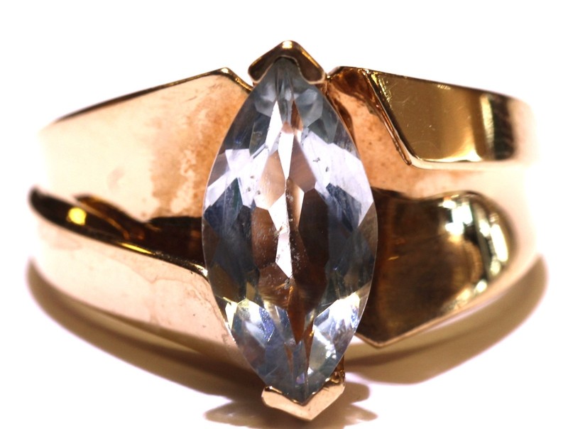 10k Yellow Gold 12x6 blue topaz marquise cut gemstone ring 4.2g 7 estate antique