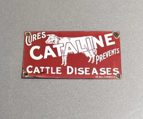 VINTAGE 12” CATALINE CATTLE COW PORCELAIN SIGN CAR GAS TRUCK MOTORCYCLE