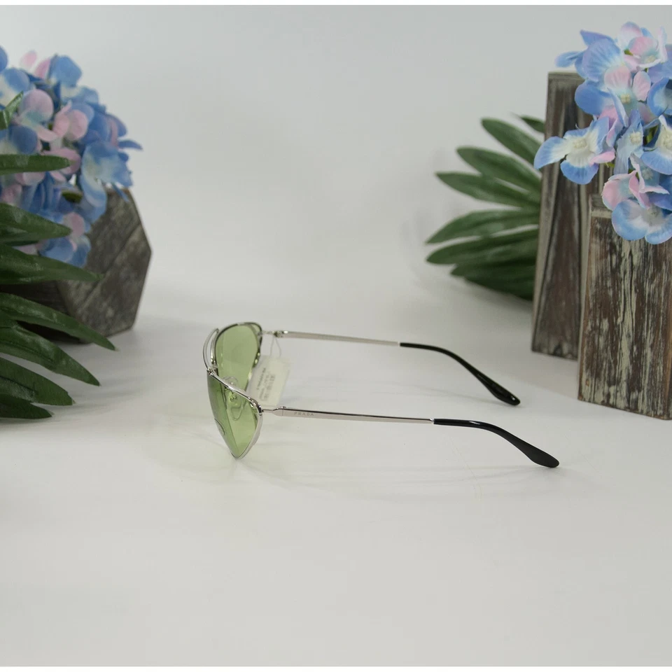 Prada 62VS66 Silver Pale Green Polarized Metal Aviator Logo Sunglasses NWT Case - Image 3 of 4