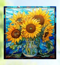 Vase of Sunflowers Faux Stained-Glass WINDOW CLING Size 8" Repositionable Vinyl