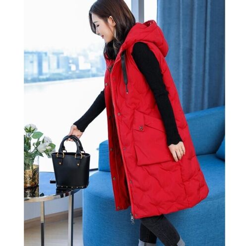 New Women Winter Sleeveless Vest Down Cotton Hooded Long Jacket Gilet Size L-5XL - Picture 11 of 14