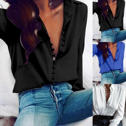 Sexy Camisa Para Mujer Talla Grande Cuello en V Botón Manga Larga Informal Sólida Prendas para el torso Blusa - Imagen 3 de 19