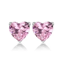 Solid Sterling Silver Pink Heart CZ Shaped Stud Earrings 5MM Cubic Zirconia  