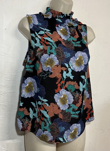 Camicia media senza maniche Monteau nera blu floreale finto collo canotta - Foto 3 di 6