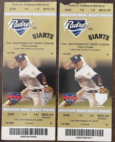2 2005 San Diego PADRES vs San Francisco GIANTS MLB Baseball TICKETS Barry Bonds - Bild 1 von 2