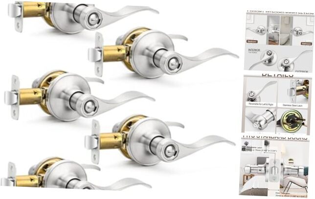 Brushed Nickel Door Handles Privacy Door Levers, 5 Pack Satin Nickel Finish-image