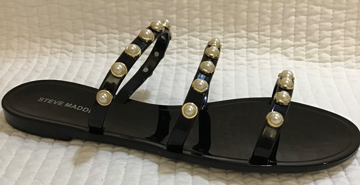 パール輝く【STEVE MADDEN】 Matina プラットフォーム サンダル STEVE MADDEN YALSA SLIP ON BLACK PEARL EMBELLISHED 3 STRAP