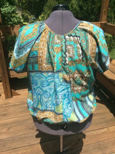 Plus Size Blouse Short Sleeves Tie Front Baroque Print Blue Green Gold 2X - Picture 3 of 5