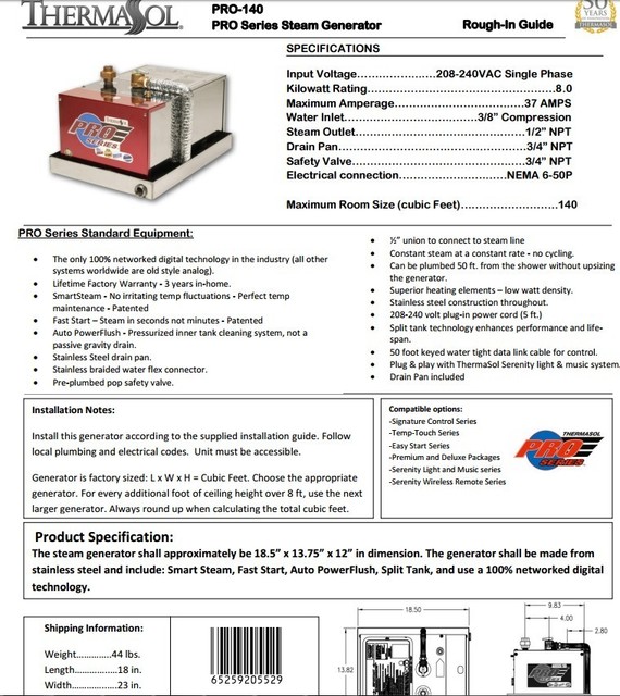 ThermaSol Pro140 Pro Series 8kw Steam Room Generator for sale online
