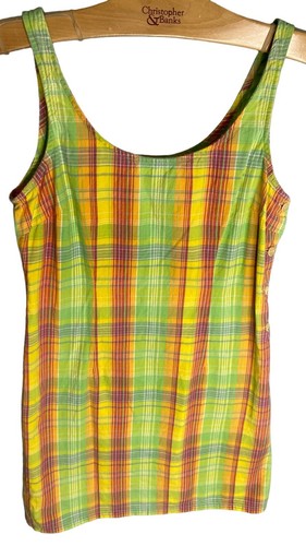 J. Crew Dress 2 XS Madras Tank 100% Cotton Sleeveless Side Buttons Yellow Green - Picture 3 of 6
