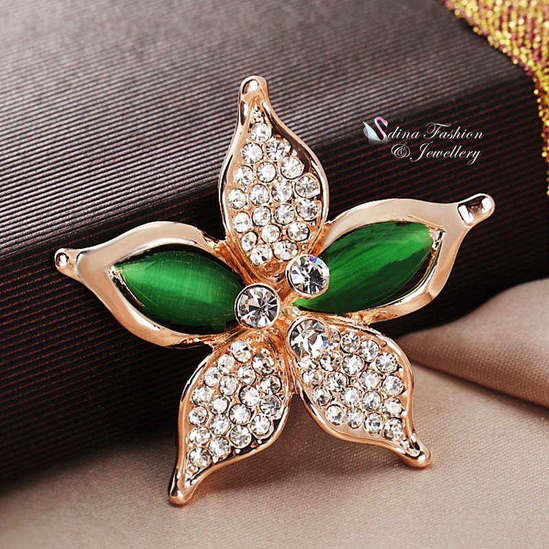 18K Rose Gold Filled Simulated Opal Stunning Lily Flower Emerald Brooch