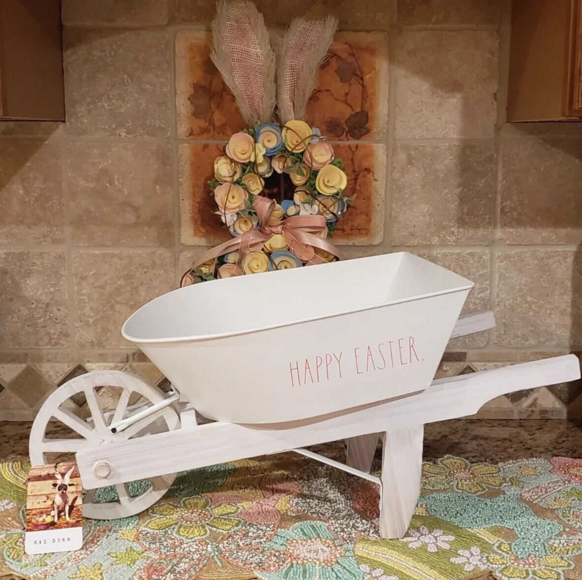 Rae Dunn HAPPY EASTER Wheelbarrow White Metal Distressed Wood Farmhouse D cor