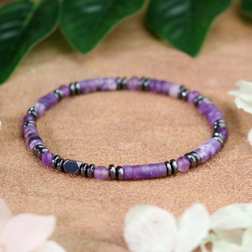 Amethyst Hematite Crystal Gemstone Beaded Stretch Bracelet Healing Energy Gifts - Picture 3 of 9