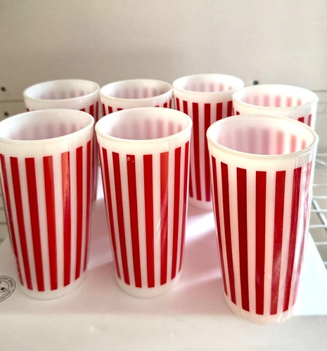 Vintage Hazel Atlas Red  Stripe White Milk Glasses Tumblers (7)