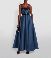 ALEXIS MABILLE Navy Satin Lace Neckline Long Corolla Dress Gown BNWT EU 46 UK 18