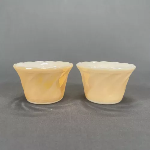 Anchor Hocking Peach Lustre Shell Custard Dessert Cups Dishes Set of 2 Vintage