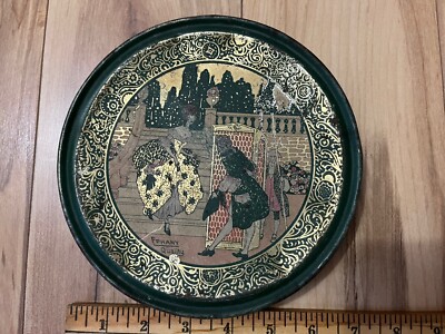 Vintage Canco Round Art Deco Biscuit Tin Balcony Scene Dance Green