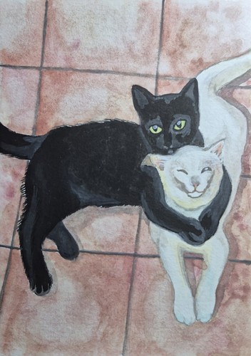 ACEO Original Art Painting Watercolor Sweet Couple Cat