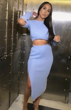 Femmeluxe Blue Cut Sleeve Knitted Crop Jumper and Skirt w/Split - Small