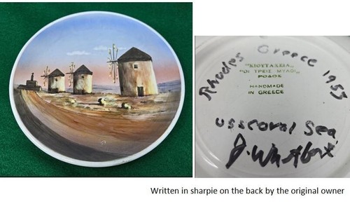 Vtg RHODES GREECE 'The Three Mills' Handmade Plate 50s Kutahya Art Greek Island