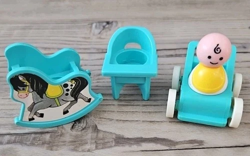 Vintage Fisher Price Little People Baby, Stroller, rocking, HIGH CHAIR LOT 4